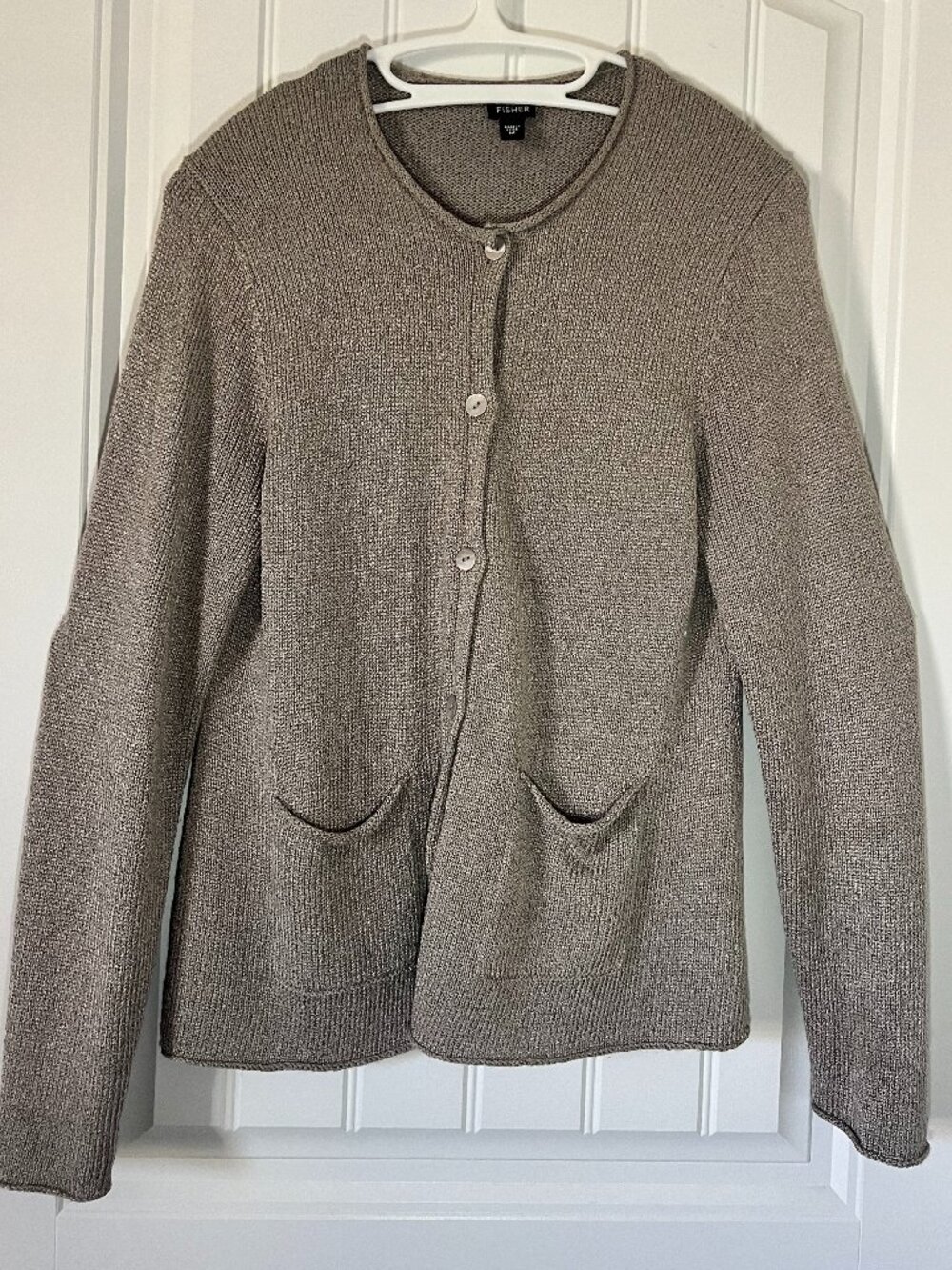 Eileen Fisher M Silk Blend Ribbed Knit Cardigan Sweater Tan Button Pocket